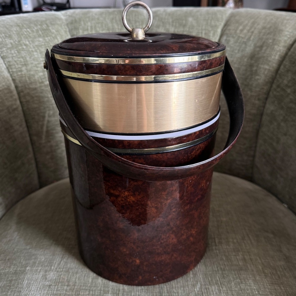 Georges Briard Vintage Ice Bucket Faux Burl Wood Tortoise Shell MCM Barware USA